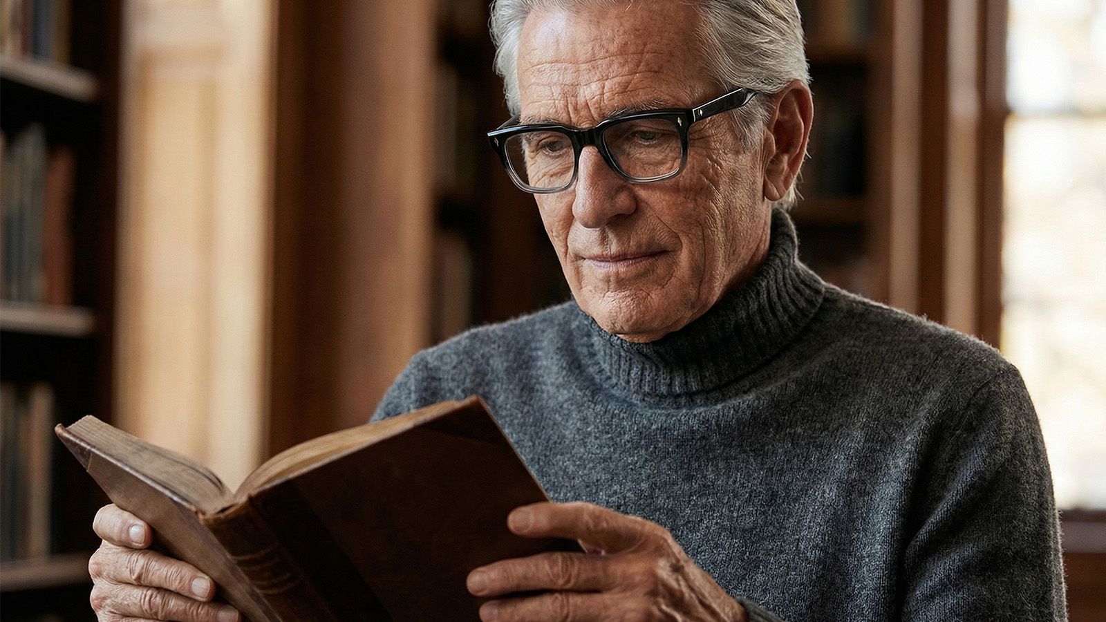 A senior man wearing black rectangular glasses while focused on reading a vintage book in a library.