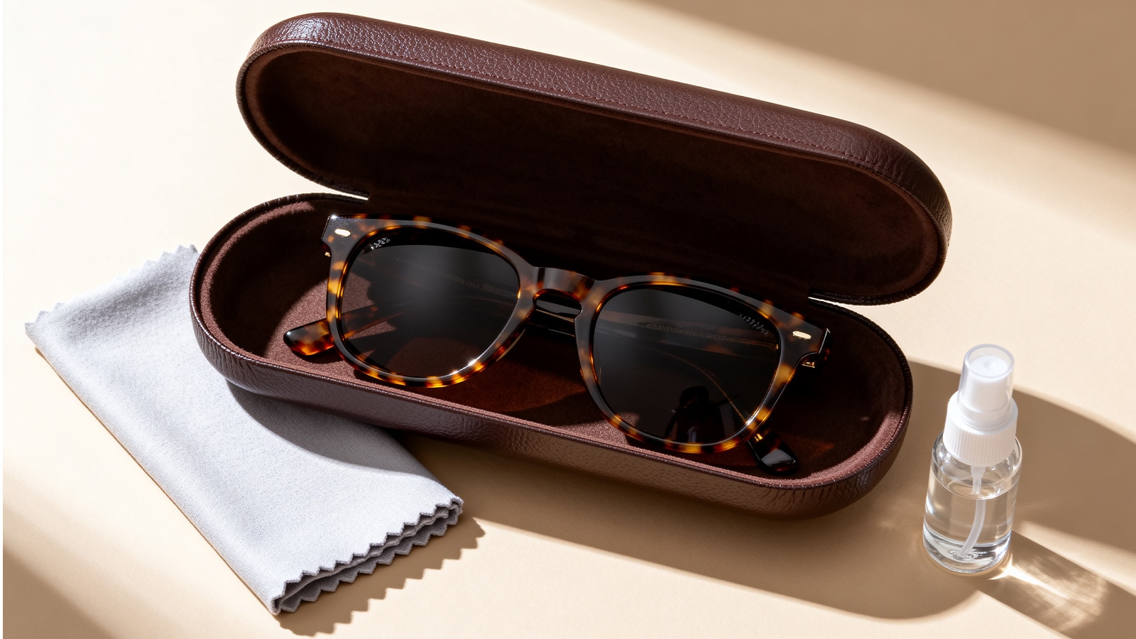 A complete sunglasses maintenance kit, including a protective hard case, cleaning spray, and microfiber cloth to prevent damage.