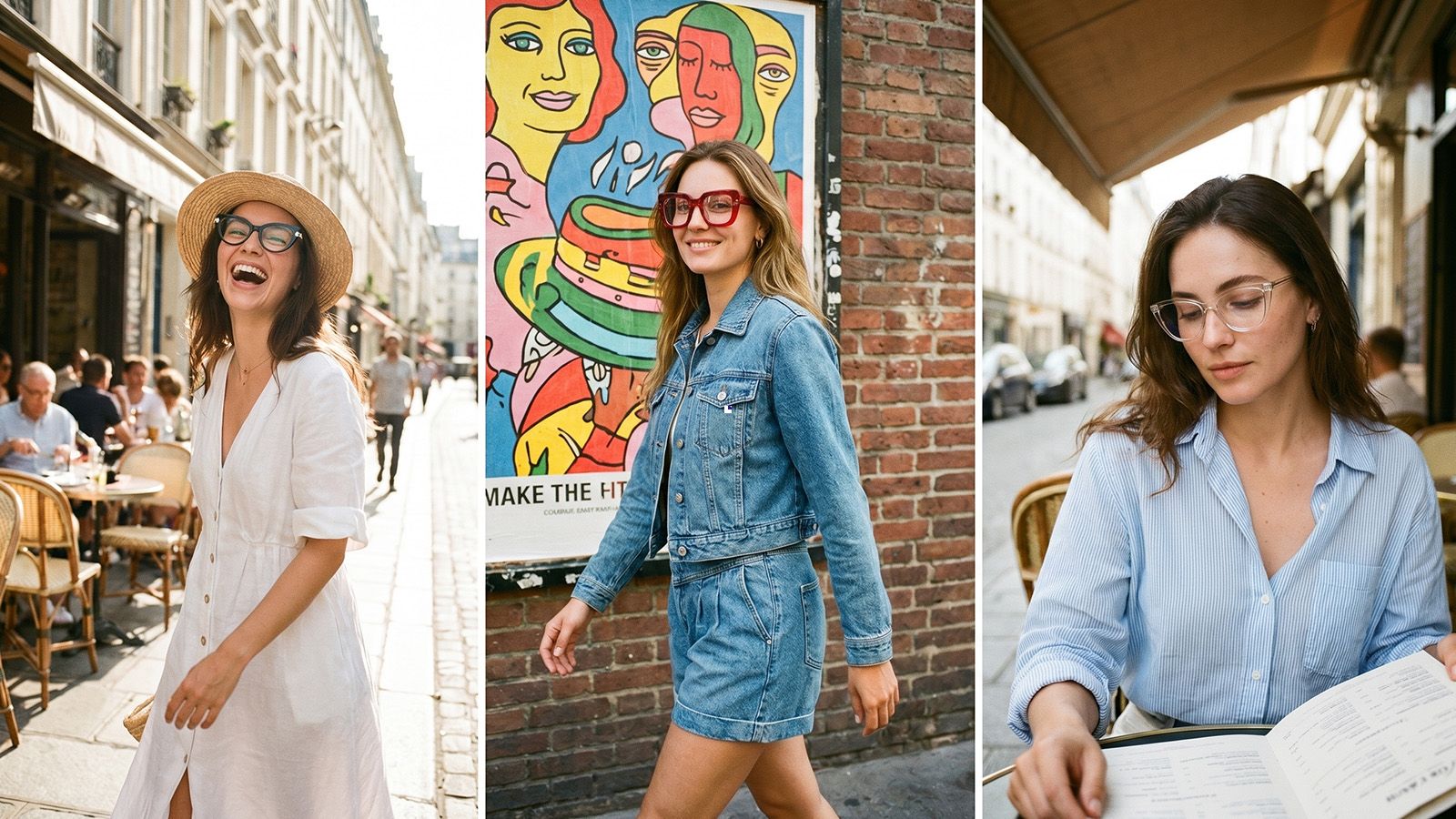 A three-panel collage featuring cat-eye, oversized, and clear frames in a natural New York street-style fashion photography layout.