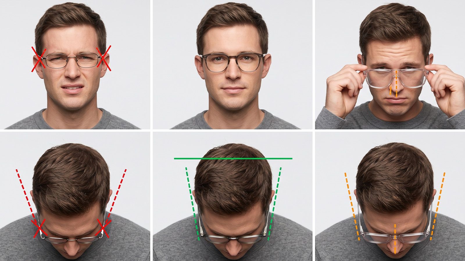 Too narrow, correct fit, and too wide eyeglass frames compared