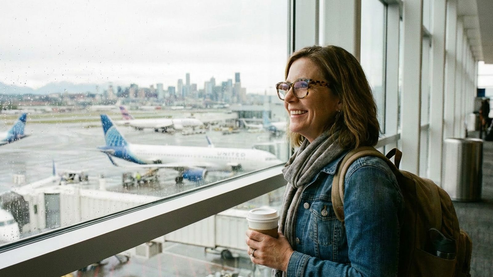 Traveler wearing glasses at an airport, highlighting the importance of comfortable eyewear while traveling.