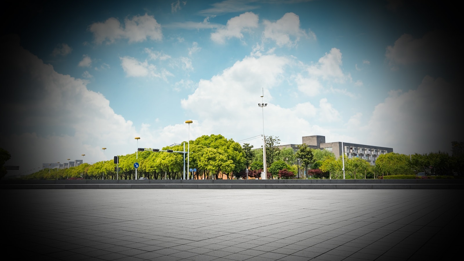 Outdoor view with dark edges, simulating tunnel vision caused by glaucoma damaging optic nerve and side vision.