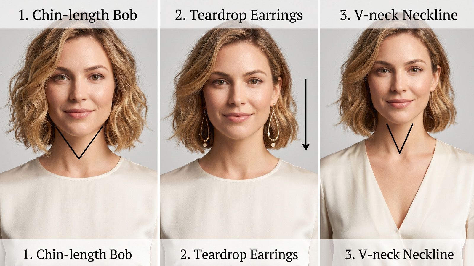 wavy bob, drop earrings, V-neck for diamond face styling