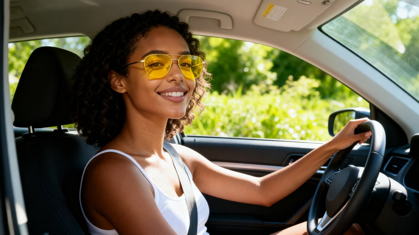A confident woman wearing yellow-lensed glasses while driving, demonstrating how they improve road visibility and safety in tricky daytime conditions.