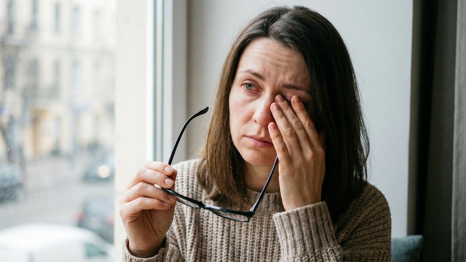 Young woman pressing both hands over her closed eyes, showing frustration or strain from vision disturbances.