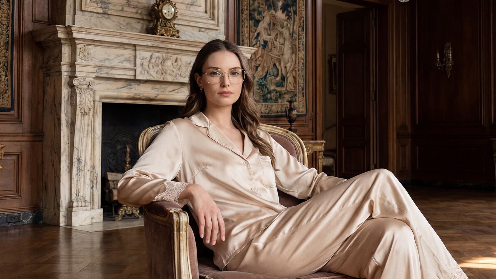 Elegant woman in beige silk pajamas and gold-framed prescription glasses relaxing by marble fireplace in luxurious room.