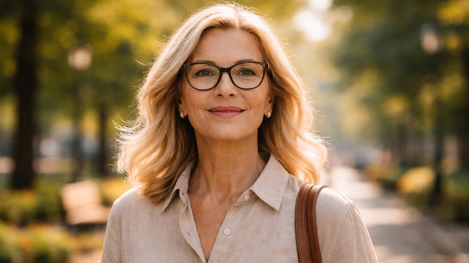 Smiling middle-aged woman wearing stylish eyeglasses outdoors, representing comfortable eyewear choices for glaucoma patients.