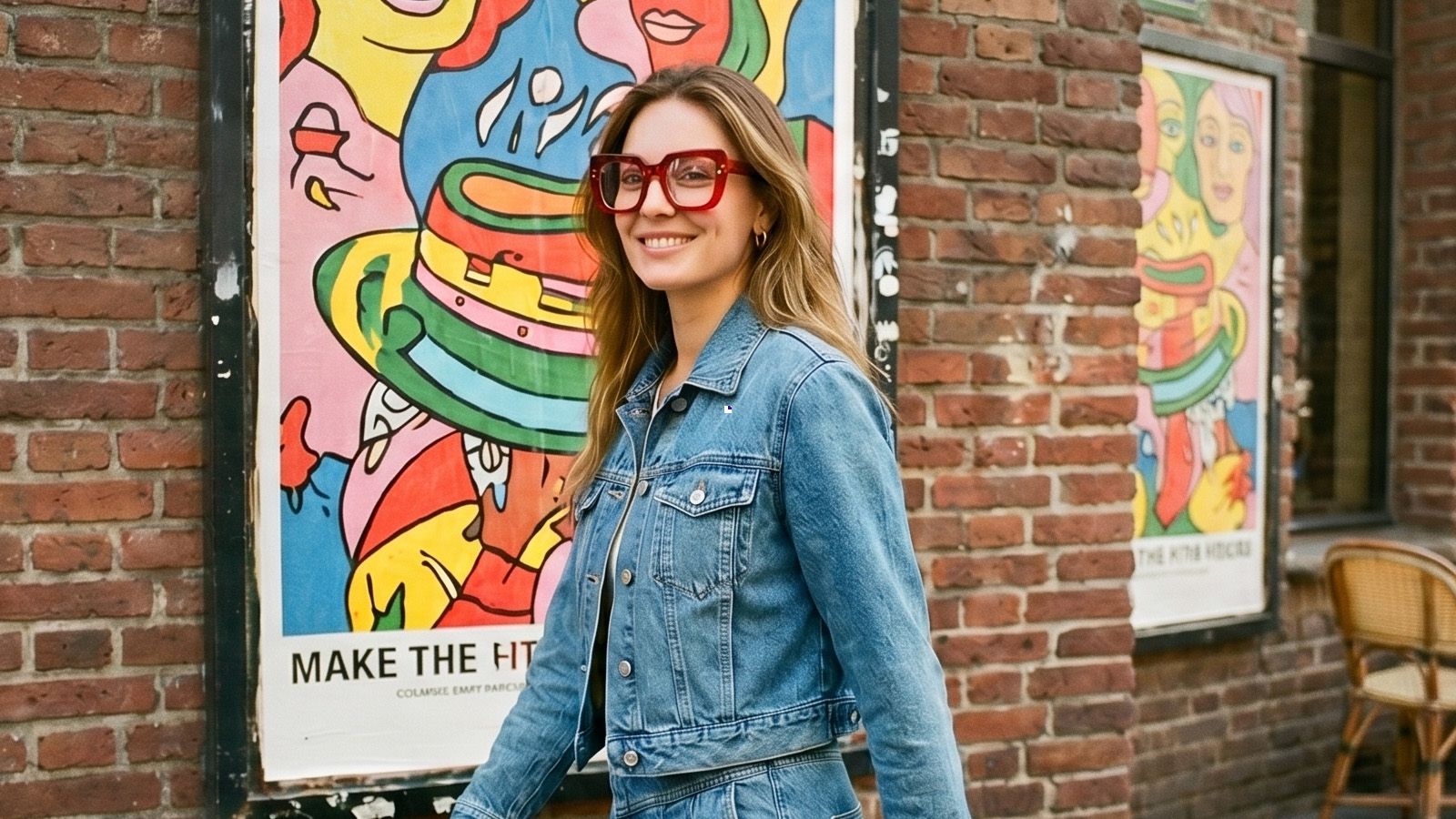 A woman wearing oversized glasses paired with jeans, a t-shirt, and sneakers, photographed in a casual NYC street setting near a graffiti wall.