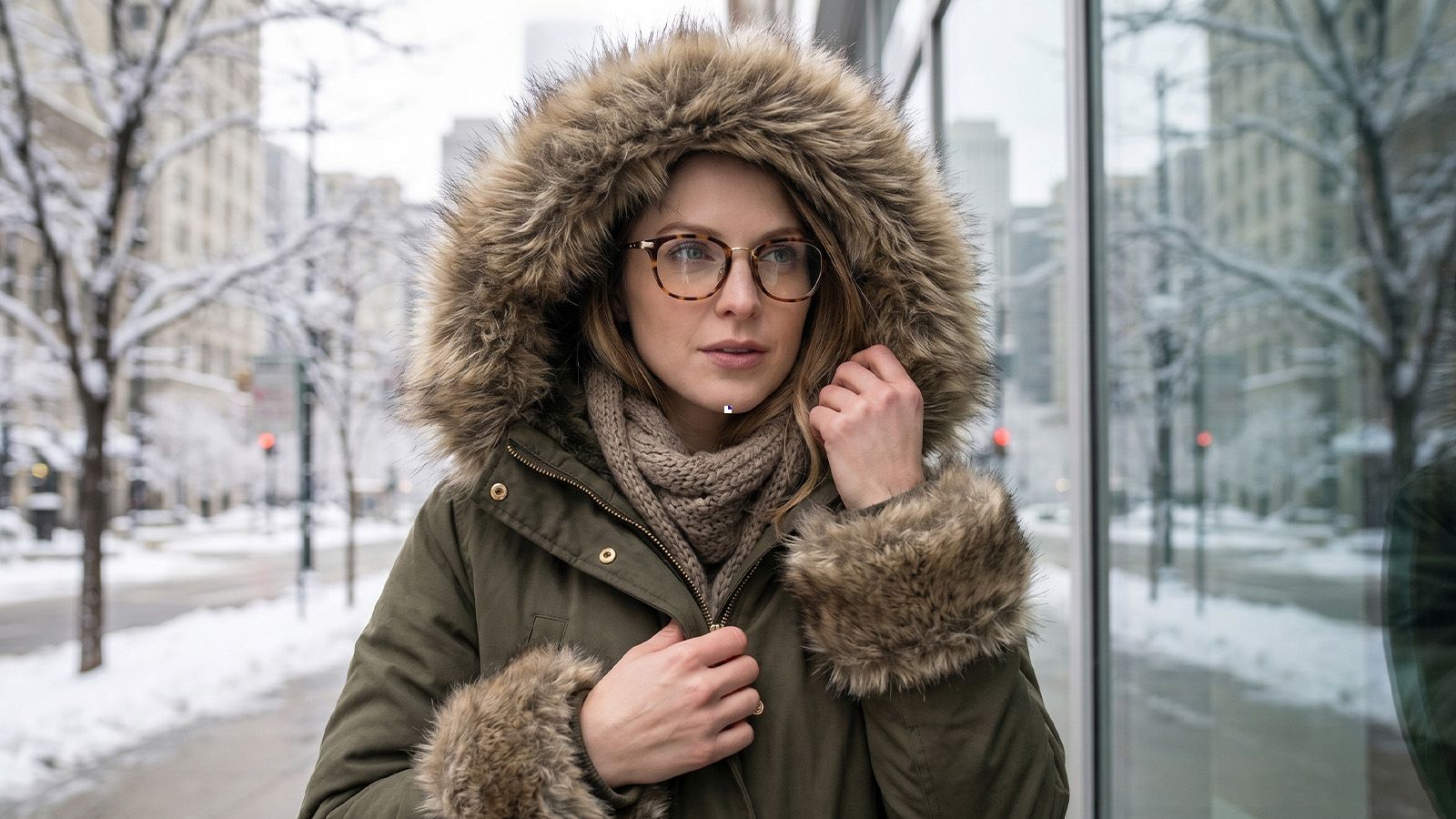 women in a parka wearing metal-detail glasses against a snowy Michigan Avenue and grey Chicago sky.
