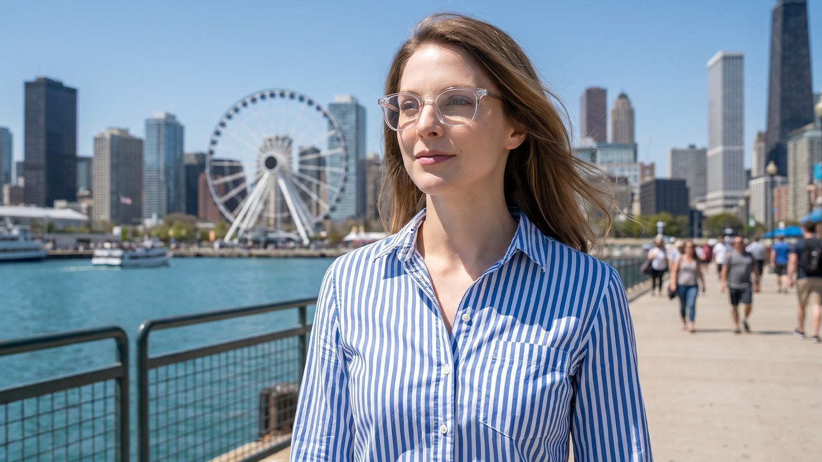 women in a striped shirt wearing clear frames by Lake Shore Drive, enjoying a bright day in Chicago.