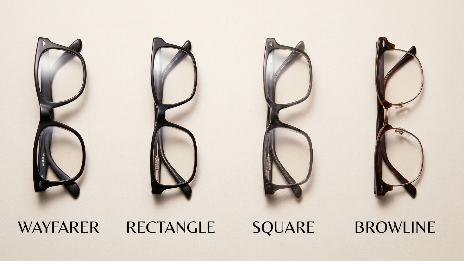 Wayfarer, rectangle, square, browline frames side by side